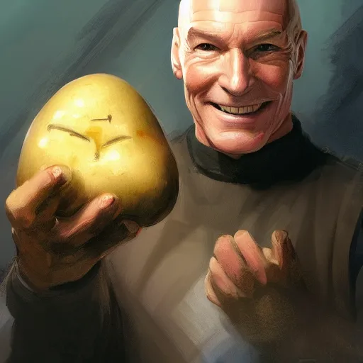 Prompt: captain picard smiling holding holding a potato, wadim kashin, illustration by wadim kashin, 4 k, artstation, concept art