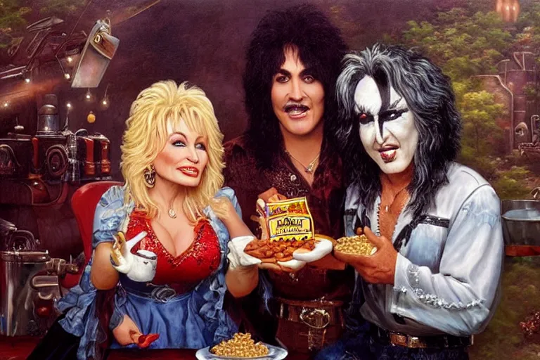 Image similar to dolly parton sharing baked beans with paul stanley in kiss makeup, an oil painting by ross tran and thomas kincade