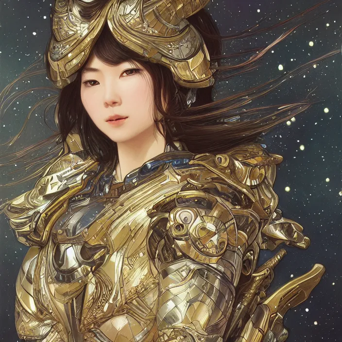 Image similar to ultra realistic illustration, japanese woman with armor made of stars, sci - fi, fantasy, intricate, elegant, highly detailed, digital painting, artstation, concept art, smooth, sharp focus, illustration, art by artgerm and alphonse mucha