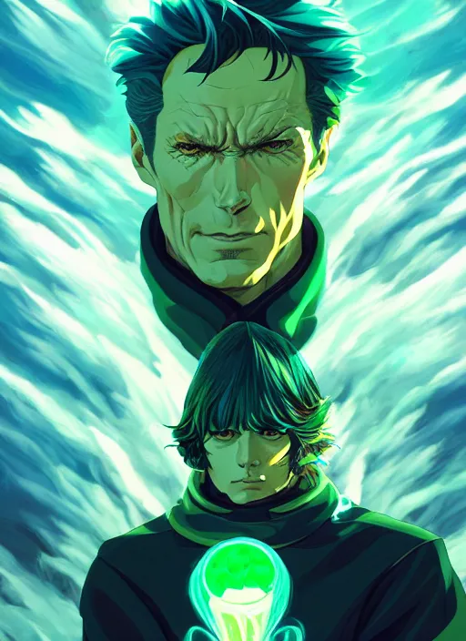 Image similar to style artgerm, joshua middleton, illustration, clint eastwood as a high priest wearing green pelt light armor, anime eyes, blue hair, swirling water cosmos, fantasy, dnd, cinematic lighting