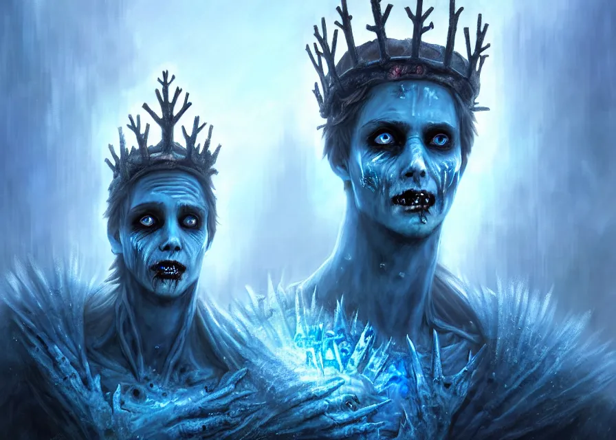 Image similar to frozen zombie man with a crown, eyes glow blue, broken ship in the background, is at dawn and bluish, fantasy, intricate, elegant, highly detailed, digital painting, artstation, concept art, matte, sharp focus, illustration, art by aenaluck and roberto ferri and greg rutkowski, epic fantasy, digital painting