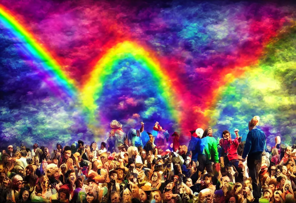 Image similar to people cowering in fear from the limitless creativity monster, rainbow colorful, hd rendering