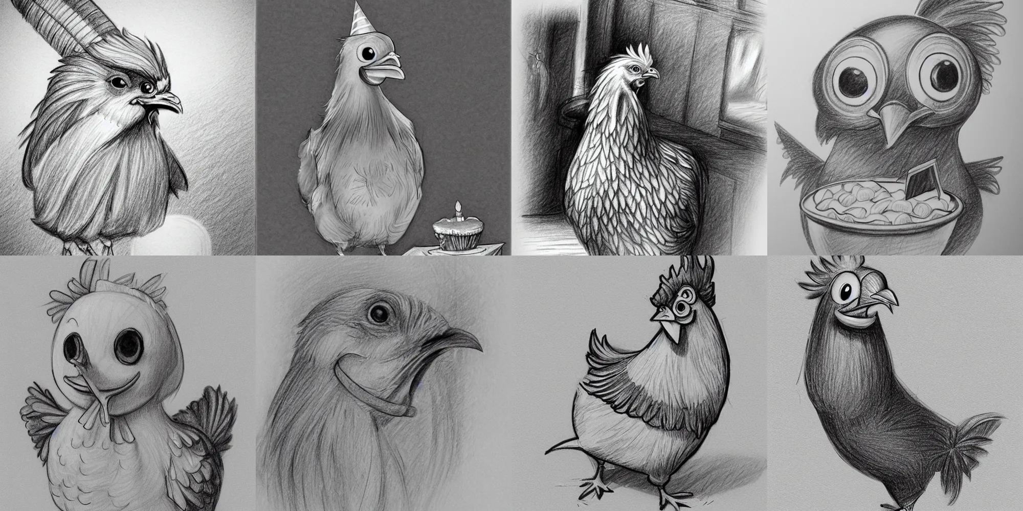 Prompt: a detailed pencil sketch illustration of a happy chicken at a birthday party. Trending on artstation.