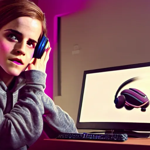 Image similar to emma watson rgb keyboard wearing a gaming headset wearing hoodie sitting on gaming chair dramatic lighting from monitor light from gaming monitor in gaming room holding gaming controller