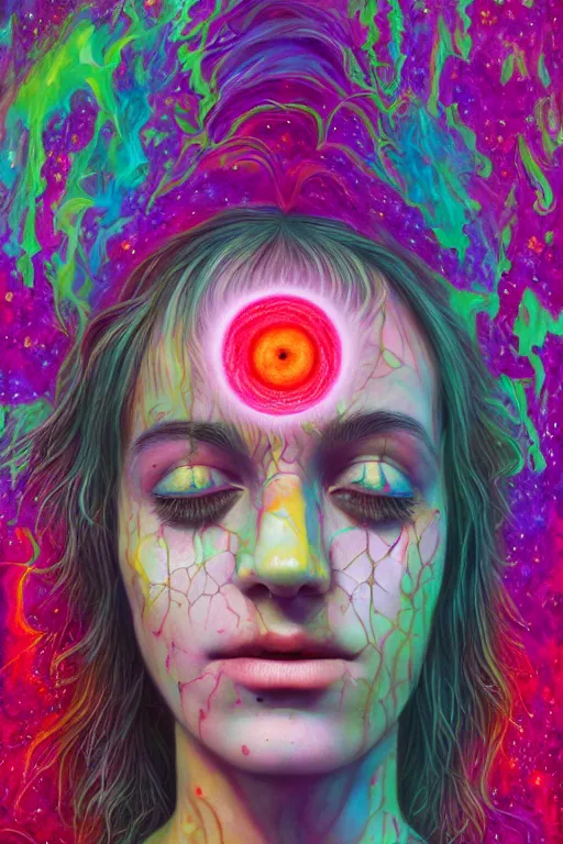 Image similar to acid tripping midsommer girl third eye open, chakra energy waves resonating from her body, ethereal aura, epic surrealism 8k oil painting, portrait, perspective, high definition, post modernist layering, by Sean Yoro, Casey Weldon