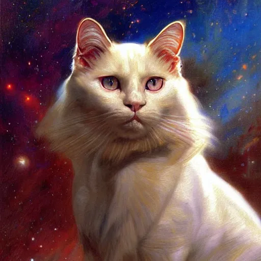 Image similar to a portrait of a manly dr crusher white cat feline, blue eyes, star trek the next generation. highly detailed painting by gaston bussiere, craig mullins, j. c. leyendecker, furry