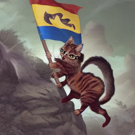 Image similar to photo of a small warrior cat carrying his battle flag while riding a large cat steed that is galloping into battle