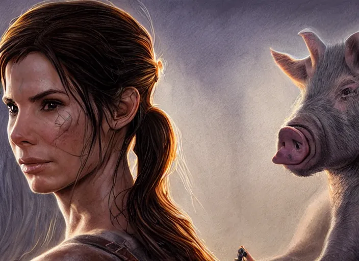 Image similar to face portrait of concentrated young Sandra Bullock as Lara Croft with pig-tails entering an incredible epic ruin, glorious sun beams, intricate, elegant, highly detailed, digital painting, short focus, illustration, Allan Lee, John Howe