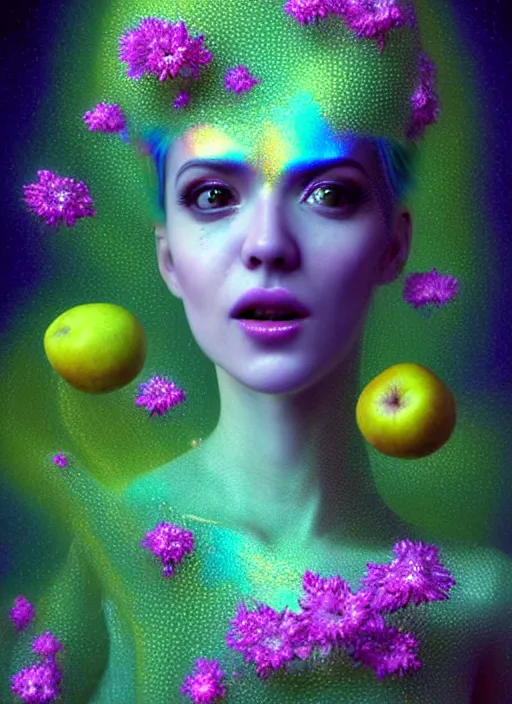 Image similar to hyper detailed 3d render like a chiariscuro Oil painting with focal blur - Aurora (Singer) looking adorable and seen in dynamic pose joyfully Eating of the Strangling network of yellowcake aerochrome and milky Fruit and Her delicate Hands hold of gossamer polyp blossoms bring iridescent fungal flowers whose spores black the foolish stars to her smirking mouth by Jacek Yerka, Mariusz Lewandowski, Houdini algorithmic generative render, Abstract brush strokes, Masterpiece, Edward Hopper and James Gilleard, Zdzislaw Beksinski, Mark Ryden, Wolfgang Lettl, hints of Yayoi Kasuma, octane render, 8k