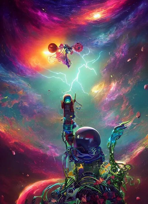 Image similar to An epic fantastic realism comic book style painting of the most beautiful entwined flowers launched across the dark cosmic sky, floating bouquets, fisheye, lightning creating life, unreal 5, DAZ, hyperrealistic, octane render, dynamic lighting