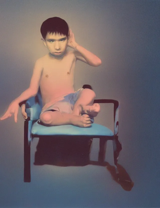 Image similar to boy in dark room sitting on a chair infront of tv, blue rays from tv, redshift, wide shot, coloured polaroid photograph, pastel, kodak film, hyper real, stunning moody cinematography, by maripol, fallen angels by wong kar - wai, style of suspiria and neon demon, david hockney, detailed, oil on canvas