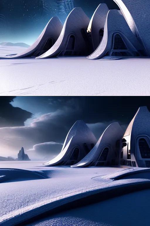 Prompt: zaha hadid buildings in the middle of a planet hoth star wars scene in the mountains with a crescent moon, trending on artstation, wooly mammoths walking, cinematic matte painting, stormy weather, pastel sunset in the craggy dolomites, extreme detail photo quality, dark moody colors, featured on behance