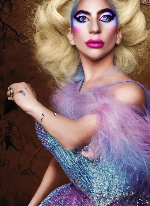 Image similar to lady gaga photohoot artpop disney princess, vogue magazine, fairytale, Highly realistic. High resolution. Highly detailed. Dramatic. 8k.4k.