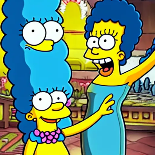 Prompt: Marge Simpson dancing with SpongeBob SquarePants in a temple, Selfie, Highly Detailed