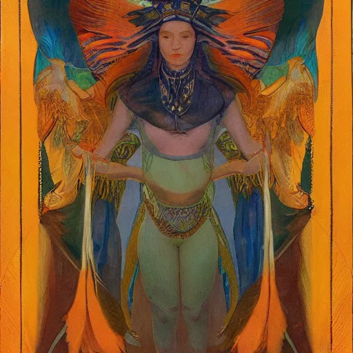 Image similar to coronation of the dawn, by Annie Swynnerton and Nicholas Roerich and Diego Rivera, bioluminescent skin, feather tattoos, elaborate costume, geometric ornament, symbolist, soft colors, smooth, sharp focus, extremely detailed