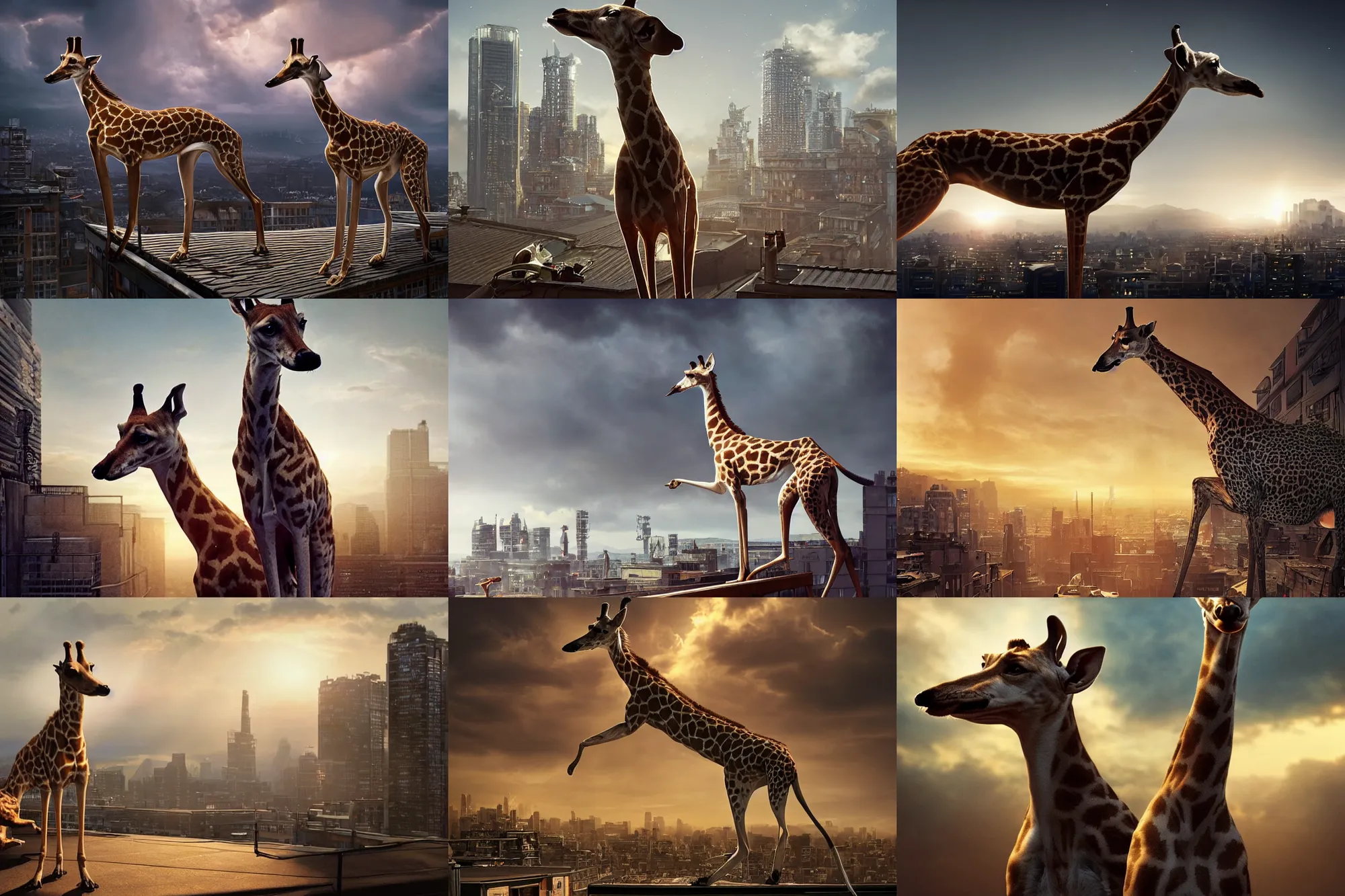 Prompt: a greyhound standing on the rooftop, the greyhound looks like giraffe, giraffe head and giraffe body, fantasy, intricate, epic lighting, cinematic composition, hyper realistic, 8 k resolution, unreal engine 5, by artgerm, tooth wu, dan mumford, beeple, wlop, rossdraws, james jean, andrei riabovitchev, marc simonetti, artstation