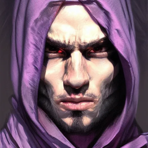 Image similar to ultra realistic illustration, man in a black hood, in a striped purple balaclava, mysterious, highly detailed, digital painting, artstation, concept art, smooth, sharp focus, illustration, art by artgerm and greg rutkowski and alphonse mucha