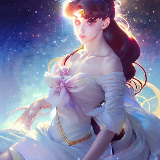 Prompt: Sailor Moon, fantasy, intricate, elegant, highly detailed, digital painting, artstation, concept art, matte, sharp focus, illustration, art by Artgerm and Greg Rutkowski and Alphonse Mucha