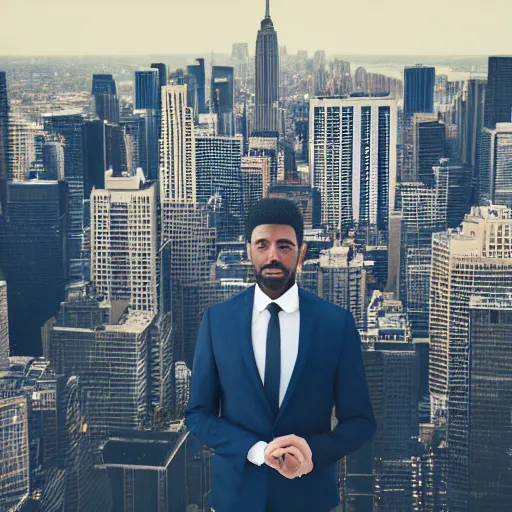 Prompt: man in a suit standing facing a city skyline, 4 k - hd photorealistic photo