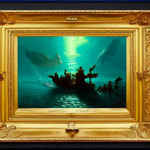 Prompt: point of view of deep in the ocean looking up, you see fishes, higher up you see very clearly the milk way illuminating the sea down bellow, night time. highly detailed painting by gaston bussiere, greg rutkowski 8 k