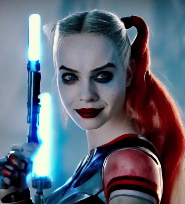 Image similar to harley quinn in star wars, movie still frame, hd, remastered, film grain, cinematic lighting