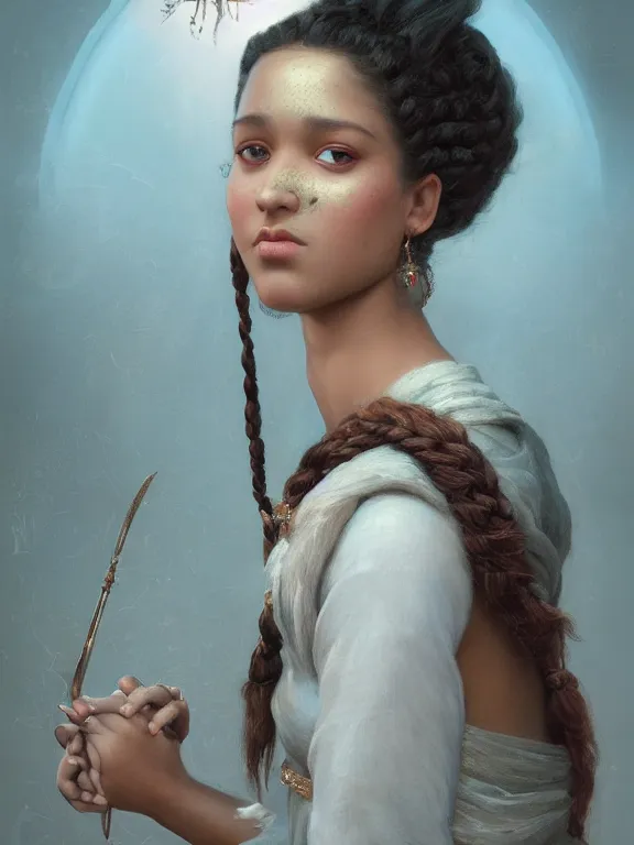 Image similar to beautiful portrait of a minority female wearing fantastic costume,pigtail,intricate, elegant, highly detailed, dim volumetric lighting, 8k,octane,post-processing,digital painting, trending on artstation, concept art, smooth, sharp focus, illustration,by Tom Bagshaw and Daniel Gerhartz and Albert Aublet and Lawrence Alma-Tadema and alphonse mucha