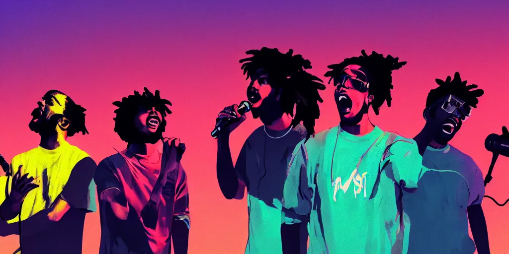 Prompt: four friends rapping with microphone in living room, epic pose, silhouetted, distinct, digital art, vaporwave, psychedelic, surreal, hip hop, trending on Artstation, professional artist, detailed, 4k