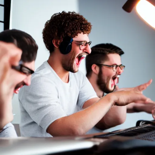 Image similar to several guys typing on keyboard while laughing very hard, mouth wide open, studio light, photorealsitic