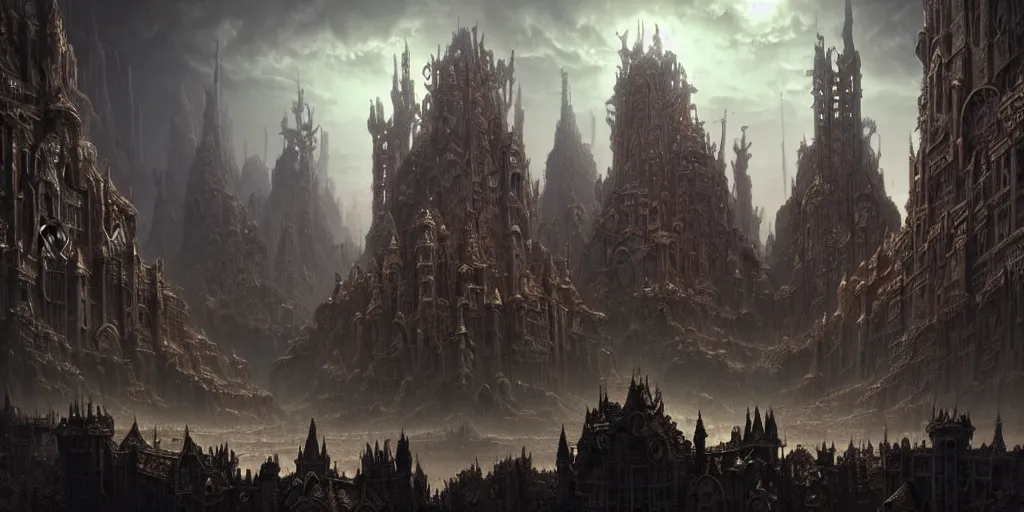 Image similar to a beautiful and insanely detailed matte painting of an advanced sprawling undead civilization with surreal architecture designed by akihiko yoshida!, whimsical!!, epic scale, intricate details, sense of awe, elite, fantasy realism, complex layered composition!!