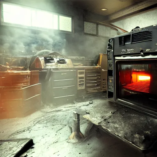 Image similar to toaster oven, dark messy smoke - filled cluttered workshop, dark, dramatic lighting, orange tint, cinematic, highly detailed, sci - fi, futuristic, movie still