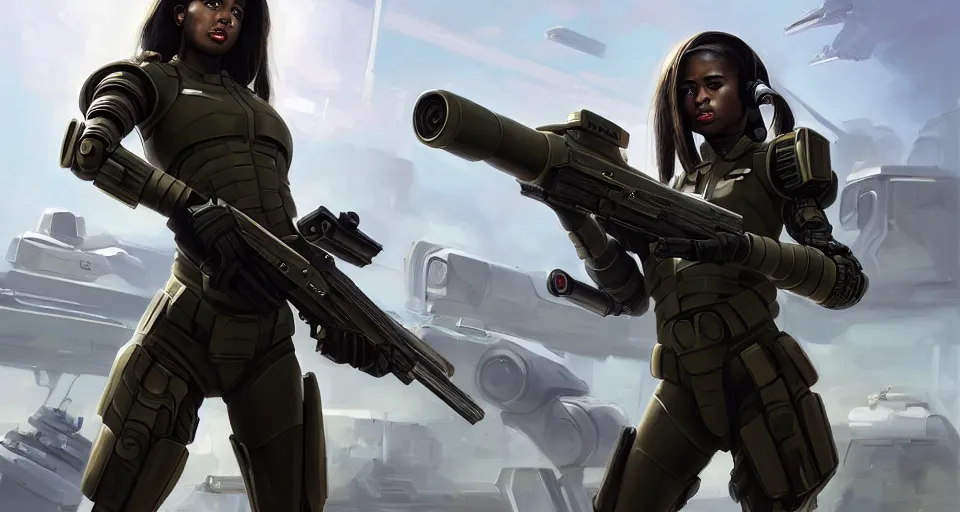 Image similar to a photorealistic painting of an attractive young girl, clothed in stealth-battle armor with a giant sci-fi sniperrifle in her hands, olive skin, long dark hair snd ebony skin, symmetrical face, a futuristic hover-tank with heavy laser-turret in the background, intricate details, elegant, digital painting, illustration, sharp focus, minimal artifacts, from Metal Gear, in the style of Ruan Jia and Mandy Jurgens and Greg Rutkowski, trending on Artstation, award winning, unreal engine, octane render