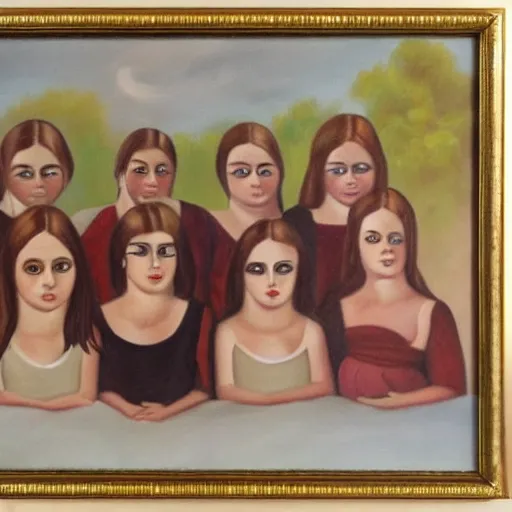 Prompt: Oil painting of a group of creepy young ladies