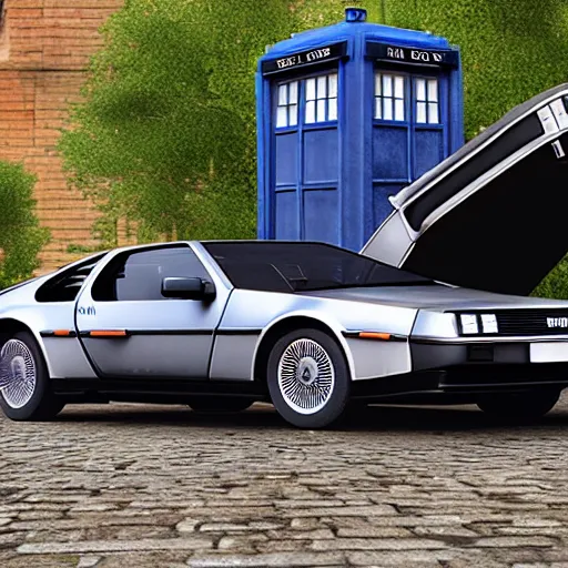 Image similar to of a DeLorean parked in front of Dr.who's Tardis 4k photorealism ultra high quality