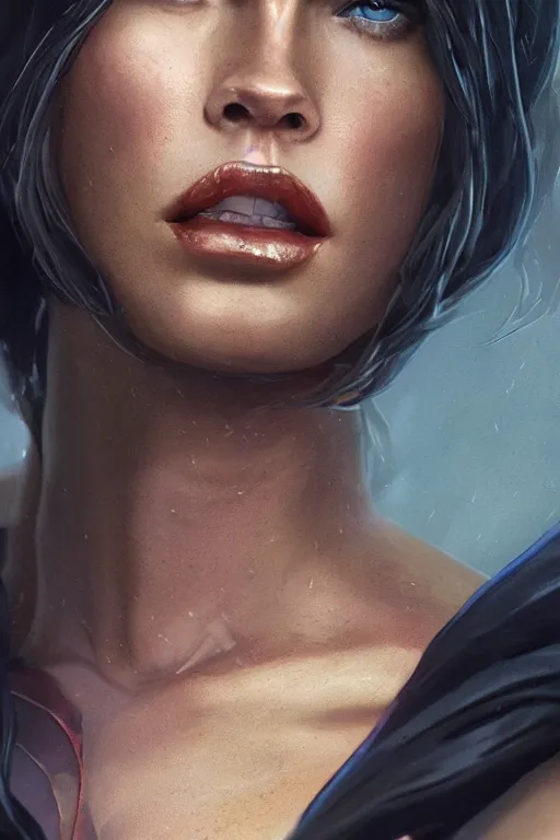 Image similar to a fancy close up of Megan Fox as Man of Steel by Greg Rutkowski, Sung Choi, Mitchell Mohrhauser, Maciej Kuciara, Johnson Ting, Maxim Verehin, Peter Konig, 8k photorealistic, cinematic lighting, HD, high details, dramatic, trending on artstation, full body shot