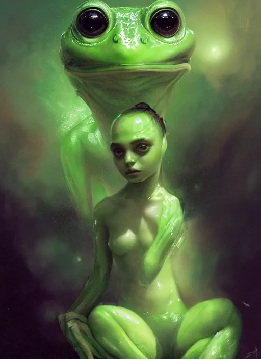 Image similar to portrait of my ethereal waifu cute innocent green slimy alien female froggy lady, ana de armas, with adorable uwu eyes painted by greg rutkowski, wlop,,