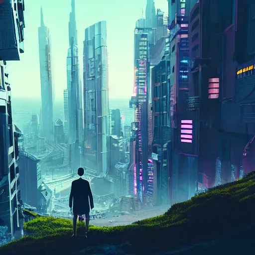 Image similar to alone person facing the desperate call of the void, futuristic cityscape, unreal 5 render, vivid colors, high detail, clear weather, studio ghibli, history painting, digital art, octane render, beautiful composition, trending on artstation, award - winning photograph, masterpiece