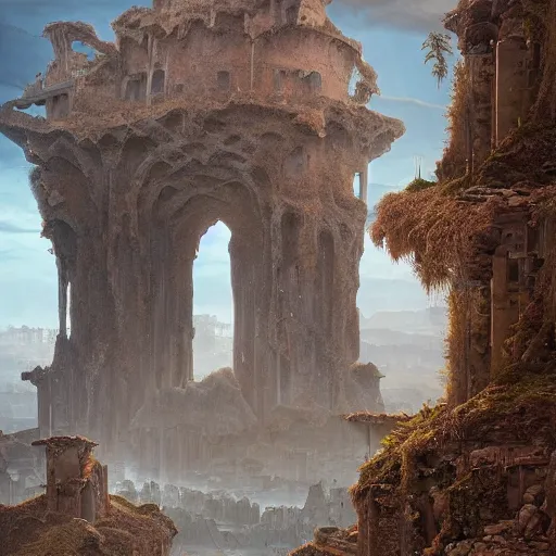 Image similar to the tarnished discovers the ruins of a city in the lands between, matte painting, detailed, elden ring, oil on canvas, by beeple