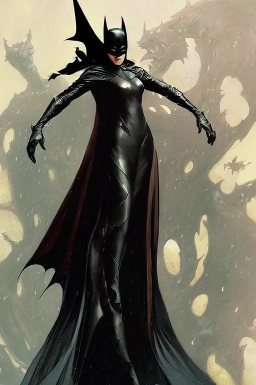 Image similar to elegant batman gown profile picture by greg rutkowski, dynamic pose, intricate, futuristic, fantasy, elegant, by stanley artgerm lau, greg rutkowski, thomas kindkade, alphonse mucha, loish, mugler, norman rockwell,