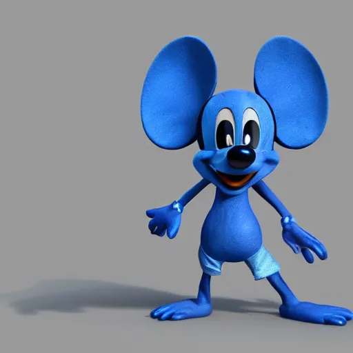 Image similar to a blue furry mickey rat with triangle ears and back gloves, high quality 3 d render trending in art station