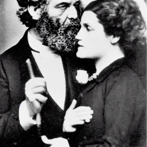 Image similar to Karl Marx and Ayn Rand kissing, wedding photo, 1920, Church backround