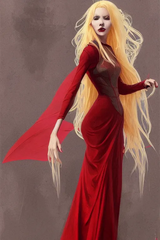 Image similar to nosferatu princess, blonde hair, wearing a red dress, highly detailed, digital painting, artstation, concept art, smooth, sharp focus, illustration, art by artgerm and greg rutkowski and alphonse mucha and andrei riabovitchev