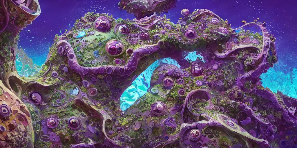 Image similar to of an intricate sea reef with strange cute friendly happy creatures with huge eyes, mouth, long tongue, round teeth and goofy face, appearing from the background, in the style of gehry and gaudi, macro lens, shallow depth of field, ultra detailed, digital painting, trending artstation, concept art, illustration, cinematic lighting, photorealism, epic, octane render