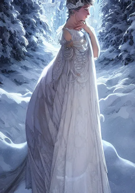 Image similar to snow queen in ice dress, intricate, elegant, highly detailed, digital painting, artstation, concept art, smooth, sharp focus, illustration, art by artgerm and greg rutkowski and alphonse mucha and william - adolphe bouguereau