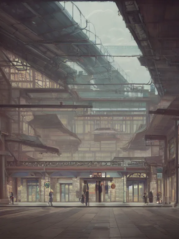 Image similar to A highly detailed matte painting of train station by Studio Ghibli, Makoto Shinkai, by Artgerm, by WLOP, by Greg Rutkowski, volumetric lighting, octane render, 4K resolution, trending on artstation, masterpiece