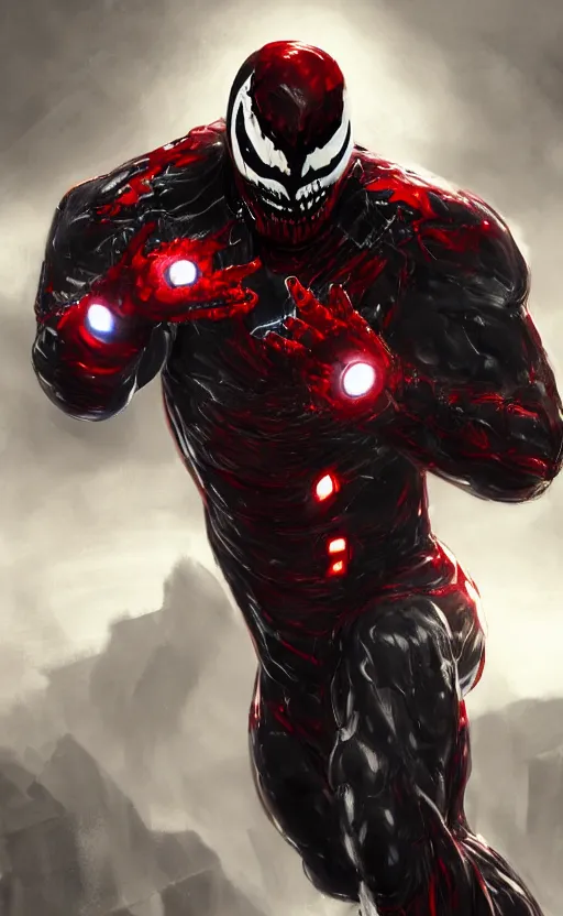 Image similar to venom in a venom inspired ironman suit, black and red, dynamic lighting, photorealistic fantasy concept art, trending on art station, stunning visuals, terrifying, creative, cinematic