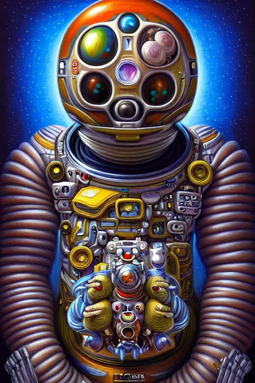 Image similar to hyper - maximalist overdetailed painting of an astronaut by naoto hattori. artstation. deviantart. cgsociety. inspired by beastwreckstuff and jimbo phillips. fantasy infused lowbrow style. hyperdetailed high resolution render by binx. ly in discodiffusion. dreamlike polished render by machine. delusions. sharp focus.