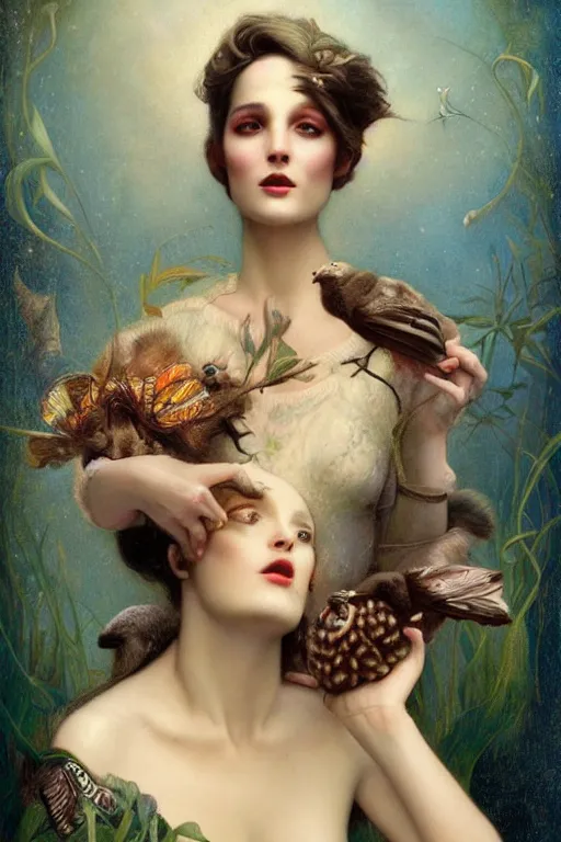 Image similar to bill murray explaining the birds and the bees by Tom Bagshaw in the style of a modern Gaston Bussière, art nouveau, art deco, surrealism. Extremely lush detail. Melancholic scene. Perfect composition and lighting. Profoundly surreal. High-contrast lush surrealistic photorealism. mischievous expression on his face.