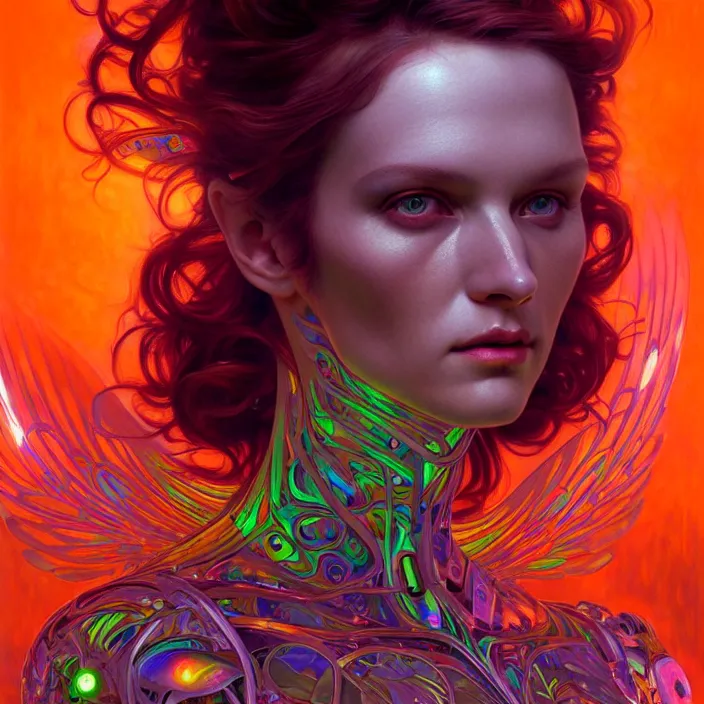 Image similar to bright psychedelic portrait of organic cyborg, wings, diffuse lighting, fantasy, intricate, elegant, highly detailed, lifelike, photorealistic, digital painting, artstation, illustration, concept art, smooth, sharp focus, art by John Collier and Albert Aublet and Krenz Cushart and Artem Demura and Alphonse Mucha