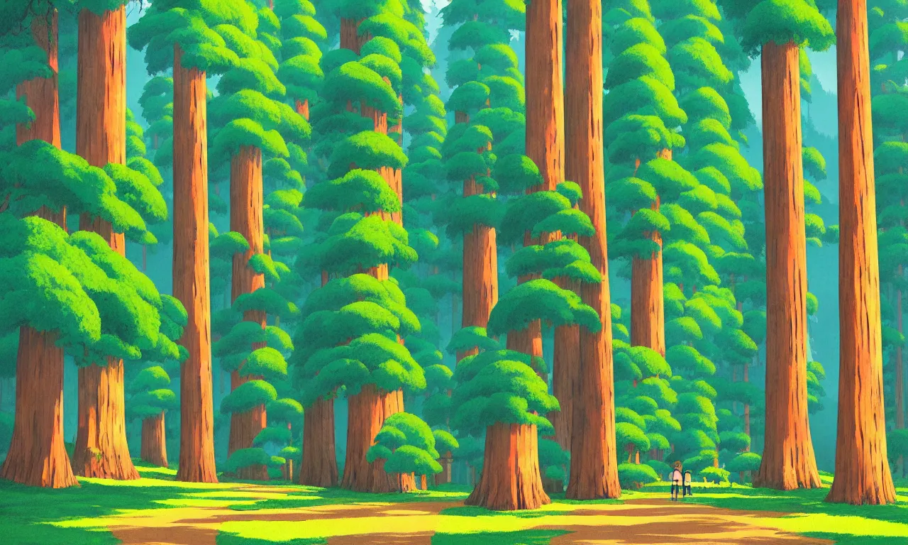 Image similar to Sequoia park in a colorful moutain with beautiful trees , no people, morning, by studio ghibli painting, superior quality, masterpiece, traditional Japanese colors, concept art