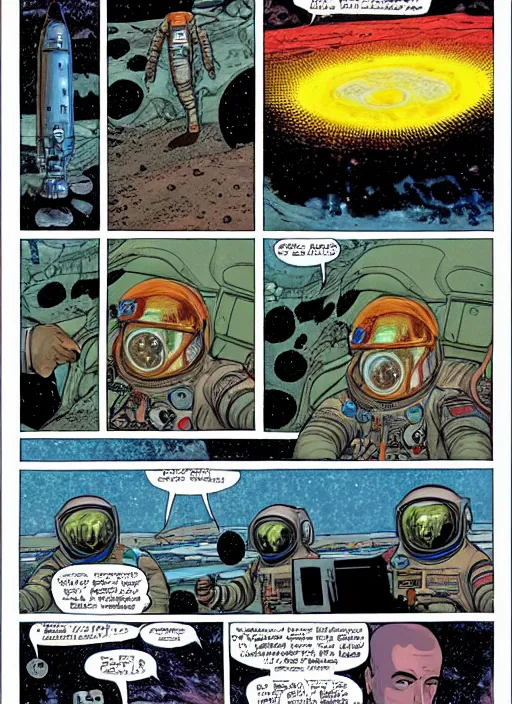 Prompt: a full page of an epic graphic novel about 3 astronauts mining the surface of an alien planet, dialogue bubbles, action, in color | | | | by neil welliver, patrick woodroffe, patrick heron